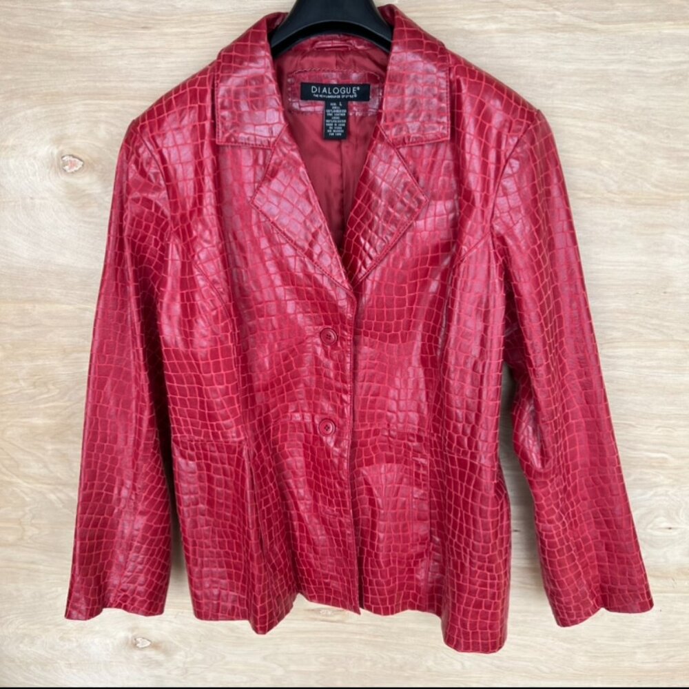 vintage dialogue croc embossed genuine leather blazer red large
